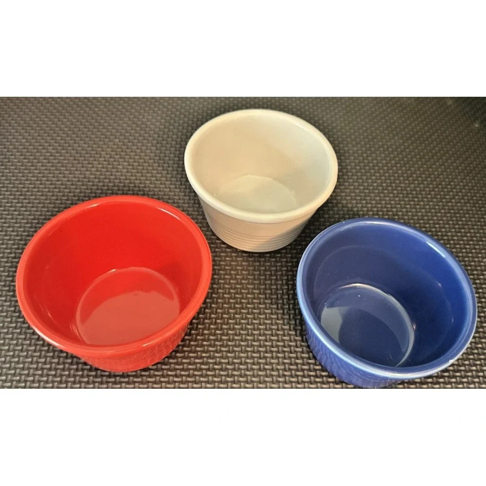 Chantal Red/White/Blue Ceramic Ramekins Custard Cups Set of 3, 1 Cup Size Each